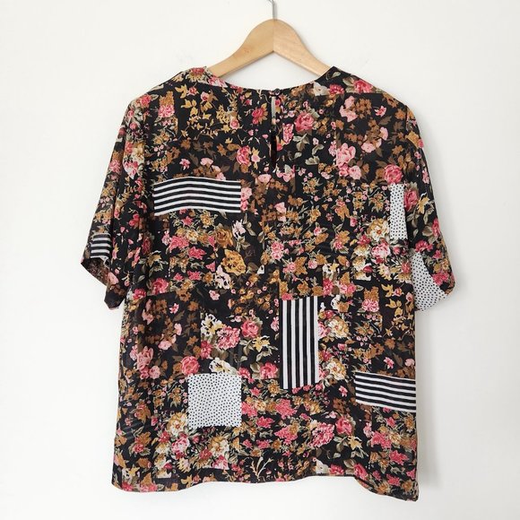 Vintage 90s Notations Black Floral Blouse Semi Sheer Stripes Short Sleeve Medium - Picture 2 of 16